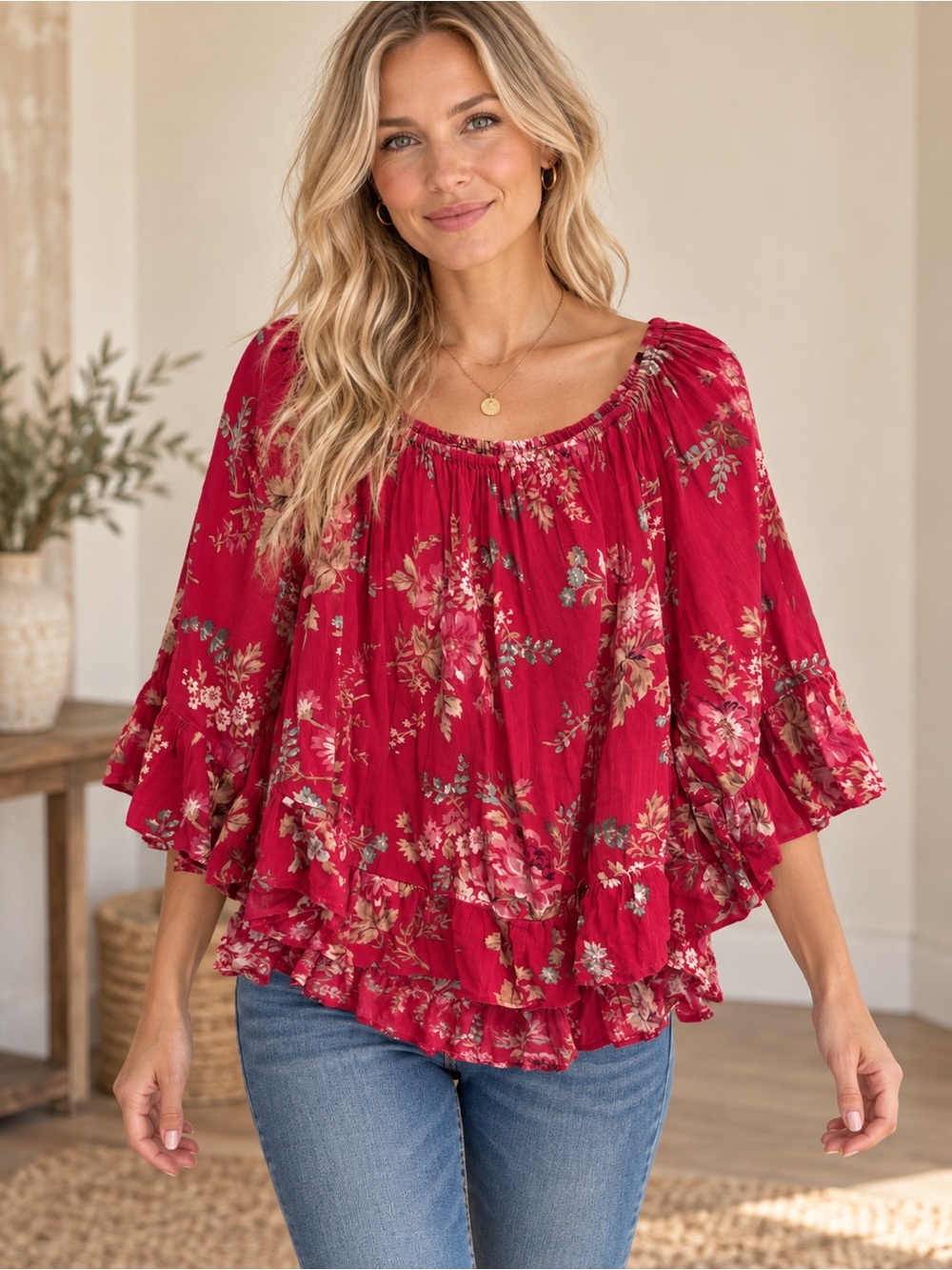 Denim & Supply Ralph Lauren Red Boho Floral Peasant Top with Ruffle Tiers
